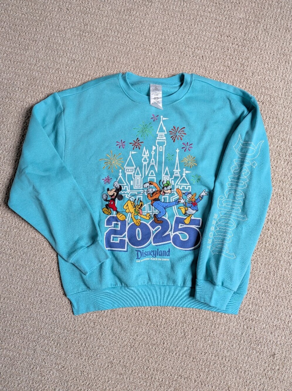 NWT Disneyland Resort 2025‎ Size M Mickey & Friends Embroidered Teal Sweatshirt